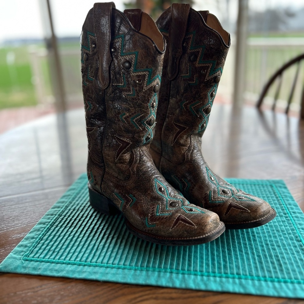 Brown and Teal Coral Western Cowboy Boots